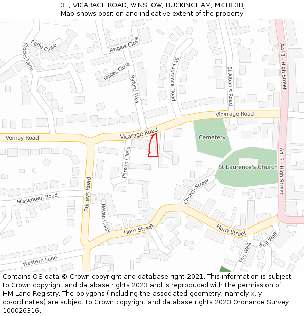 31, VICARAGE ROAD, WINSLOW, BUCKINGHAM, MK18 3BJ: Location map and indicative extent of plot