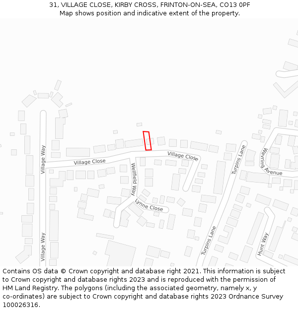 31, VILLAGE CLOSE, KIRBY CROSS, FRINTON-ON-SEA, CO13 0PF: Location map and indicative extent of plot