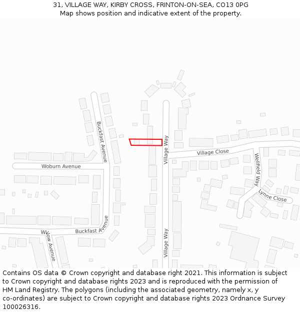 31, VILLAGE WAY, KIRBY CROSS, FRINTON-ON-SEA, CO13 0PG: Location map and indicative extent of plot