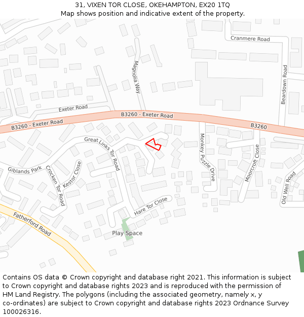 31, VIXEN TOR CLOSE, OKEHAMPTON, EX20 1TQ: Location map and indicative extent of plot