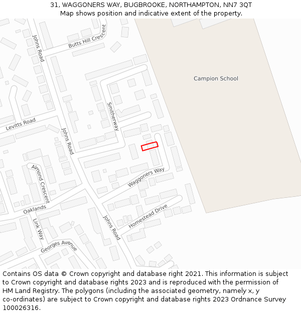 31, WAGGONERS WAY, BUGBROOKE, NORTHAMPTON, NN7 3QT: Location map and indicative extent of plot
