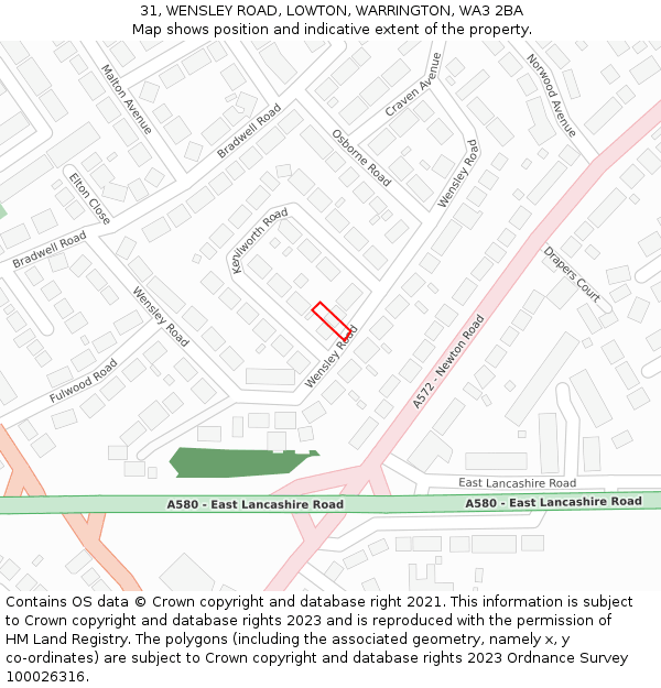 31, WENSLEY ROAD, LOWTON, WARRINGTON, WA3 2BA: Location map and indicative extent of plot