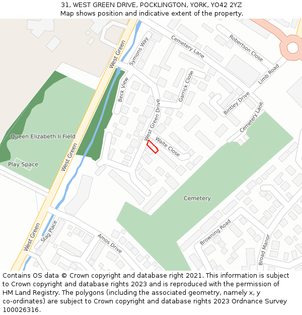 31, WEST GREEN DRIVE, POCKLINGTON, YORK, YO42 2YZ: Location map and indicative extent of plot