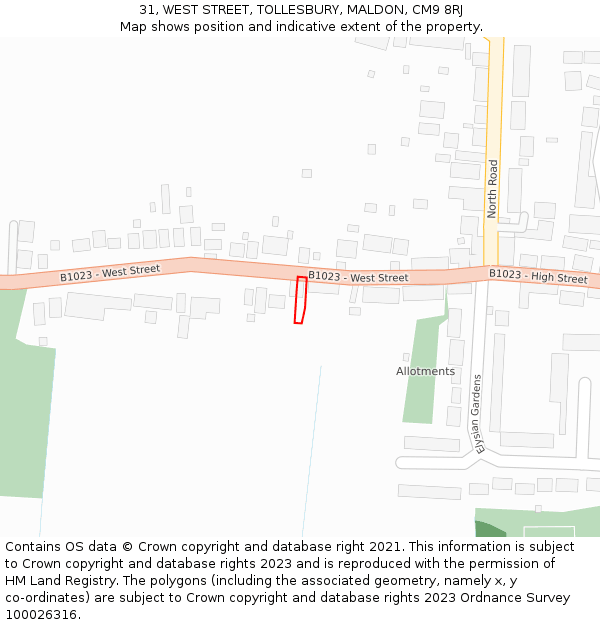 31, WEST STREET, TOLLESBURY, MALDON, CM9 8RJ: Location map and indicative extent of plot