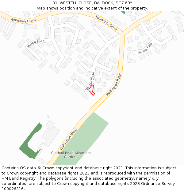 31, WESTELL CLOSE, BALDOCK, SG7 6RY: Location map and indicative extent of plot