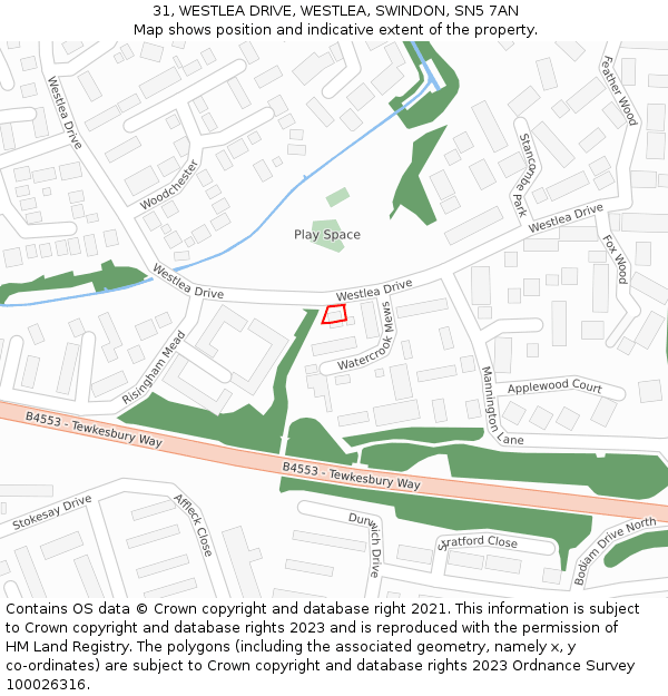 31, WESTLEA DRIVE, WESTLEA, SWINDON, SN5 7AN: Location map and indicative extent of plot