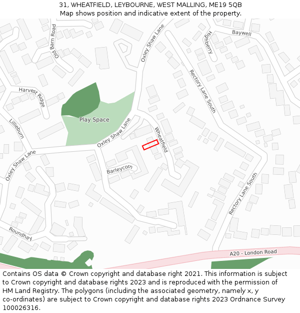 31, WHEATFIELD, LEYBOURNE, WEST MALLING, ME19 5QB: Location map and indicative extent of plot