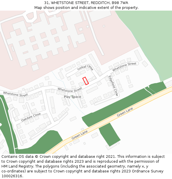 31, WHETSTONE STREET, REDDITCH, B98 7WA: Location map and indicative extent of plot