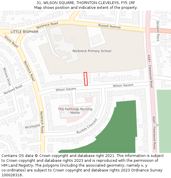 31, WILSON SQUARE, THORNTON-CLEVELEYS, FY5 1RF: Location map and indicative extent of plot