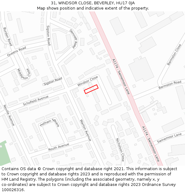 31, WINDSOR CLOSE, BEVERLEY, HU17 0JA: Location map and indicative extent of plot