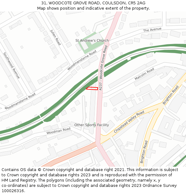 31, WOODCOTE GROVE ROAD, COULSDON, CR5 2AG: Location map and indicative extent of plot