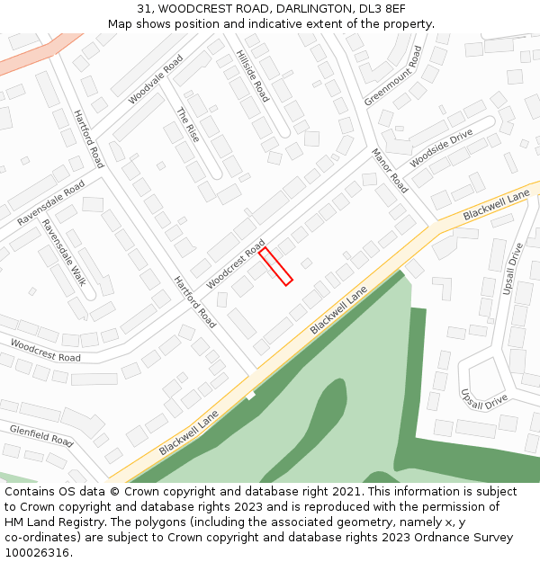 31, WOODCREST ROAD, DARLINGTON, DL3 8EF: Location map and indicative extent of plot