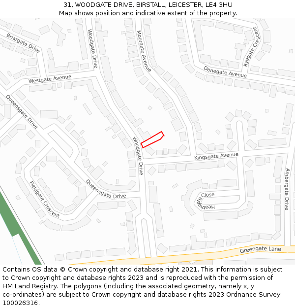 31, WOODGATE DRIVE, BIRSTALL, LEICESTER, LE4 3HU: Location map and indicative extent of plot