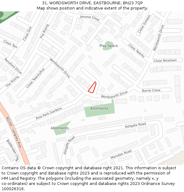 31, WORDSWORTH DRIVE, EASTBOURNE, BN23 7QP: Location map and indicative extent of plot