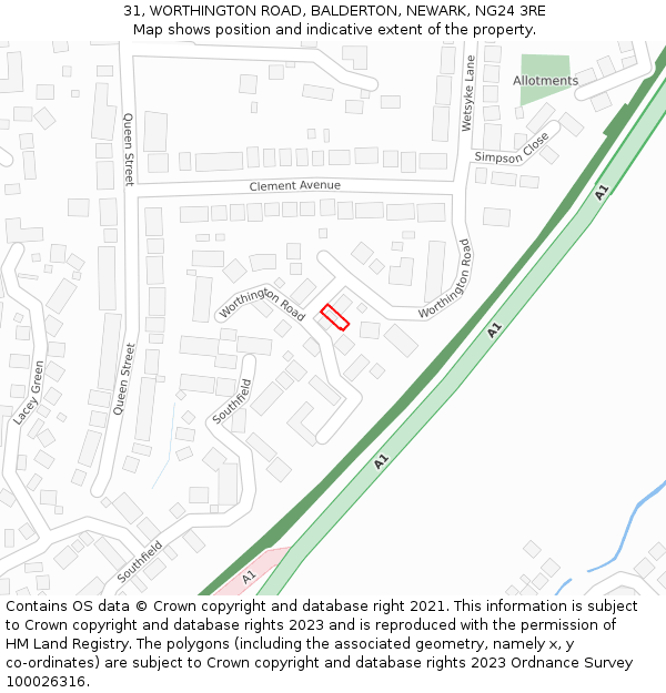 31, WORTHINGTON ROAD, BALDERTON, NEWARK, NG24 3RE: Location map and indicative extent of plot