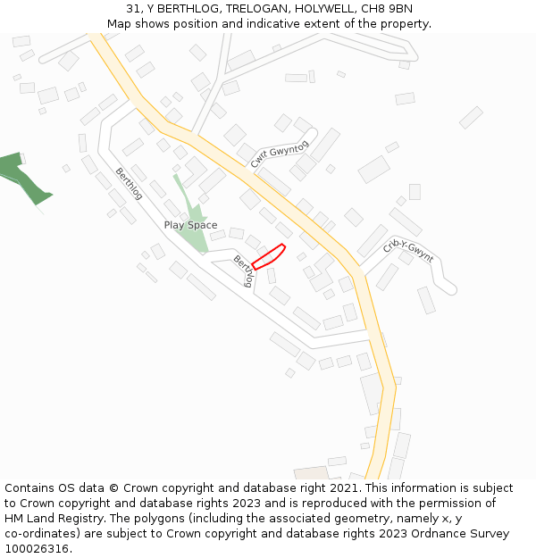 31, Y BERTHLOG, TRELOGAN, HOLYWELL, CH8 9BN: Location map and indicative extent of plot
