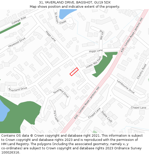 31, YAVERLAND DRIVE, BAGSHOT, GU19 5DX: Location map and indicative extent of plot