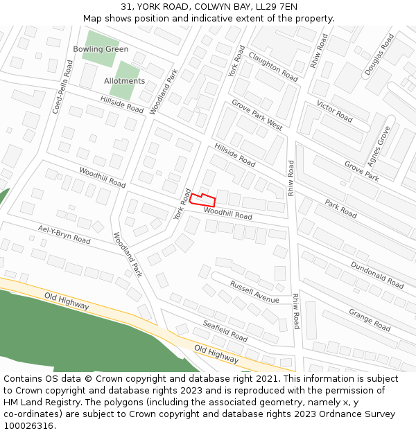 31, YORK ROAD, COLWYN BAY, LL29 7EN: Location map and indicative extent of plot