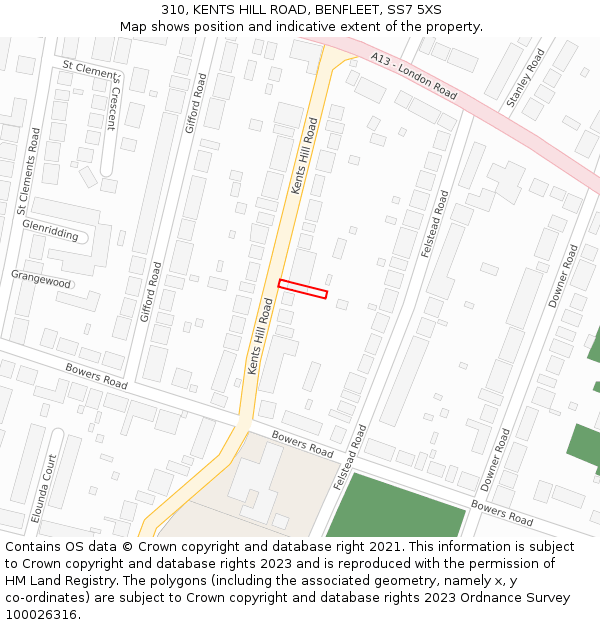 310, KENTS HILL ROAD, BENFLEET, SS7 5XS: Location map and indicative extent of plot