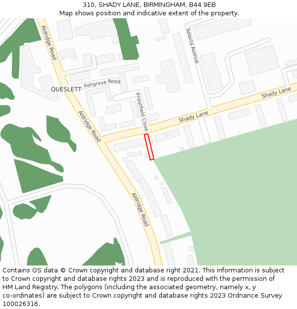 310, SHADY LANE, BIRMINGHAM, B44 9EB: Location map and indicative extent of plot