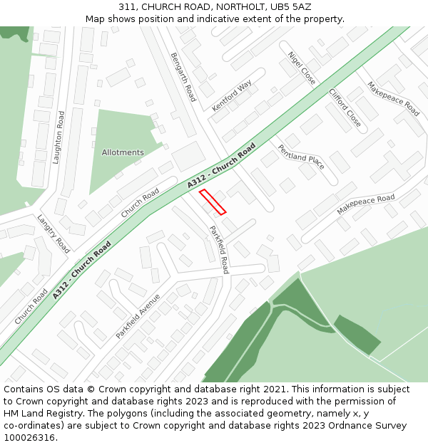 311, CHURCH ROAD, NORTHOLT, UB5 5AZ: Location map and indicative extent of plot