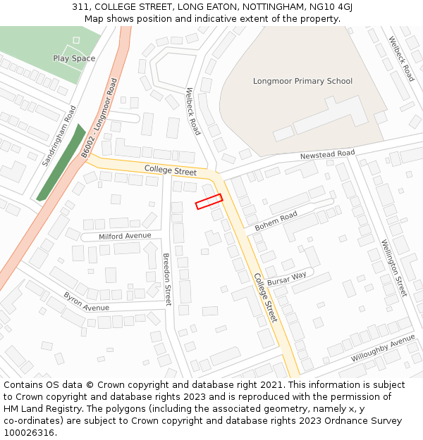 311, COLLEGE STREET, LONG EATON, NOTTINGHAM, NG10 4GJ: Location map and indicative extent of plot