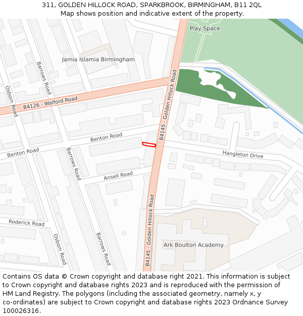 311, GOLDEN HILLOCK ROAD, SPARKBROOK, BIRMINGHAM, B11 2QL: Location map and indicative extent of plot