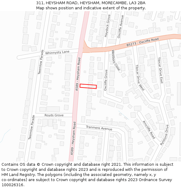 311, HEYSHAM ROAD, HEYSHAM, MORECAMBE, LA3 2BA: Location map and indicative extent of plot