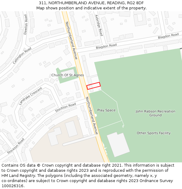 311, NORTHUMBERLAND AVENUE, READING, RG2 8DF: Location map and indicative extent of plot