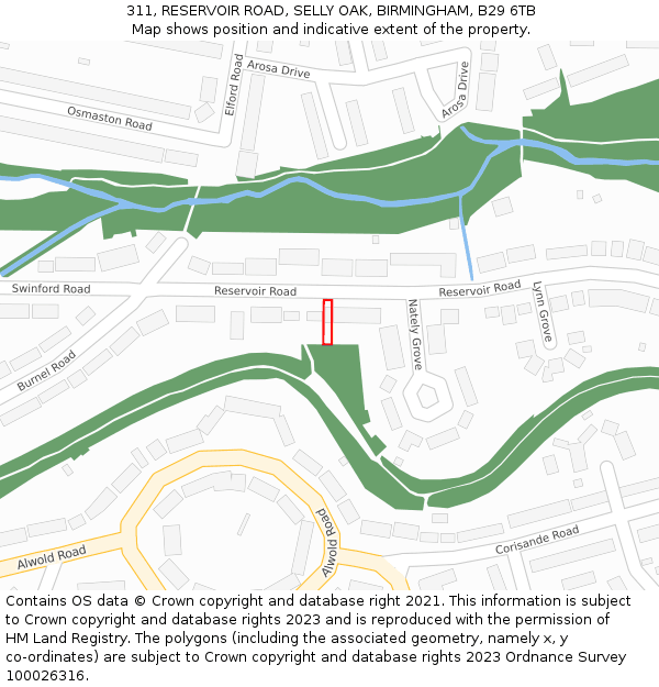 311, RESERVOIR ROAD, SELLY OAK, BIRMINGHAM, B29 6TB: Location map and indicative extent of plot