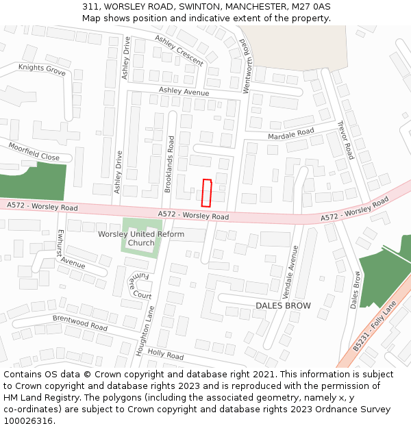 311, WORSLEY ROAD, SWINTON, MANCHESTER, M27 0AS: Location map and indicative extent of plot