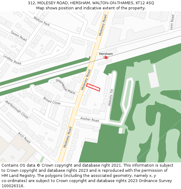 312, MOLESEY ROAD, HERSHAM, WALTON-ON-THAMES, KT12 4SQ: Location map and indicative extent of plot