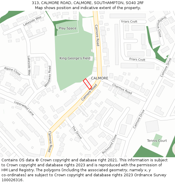 313, CALMORE ROAD, CALMORE, SOUTHAMPTON, SO40 2RF: Location map and indicative extent of plot