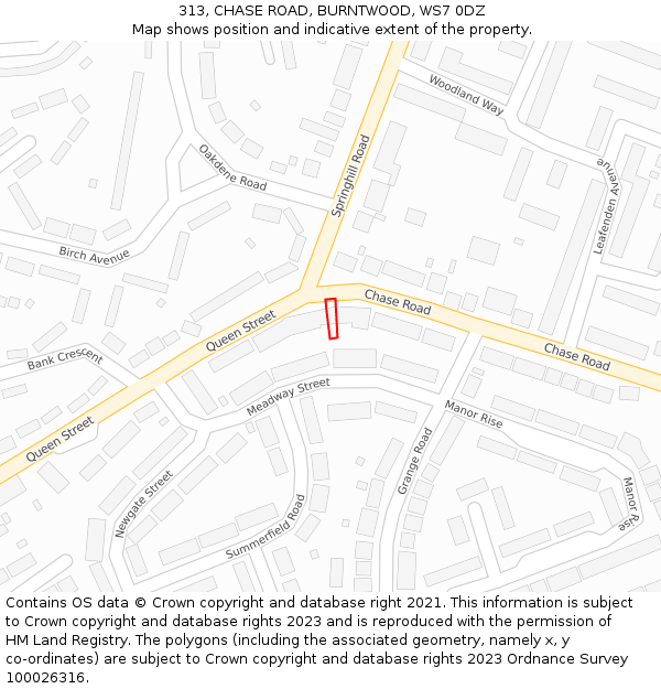 313, CHASE ROAD, BURNTWOOD, WS7 0DZ: Location map and indicative extent of plot