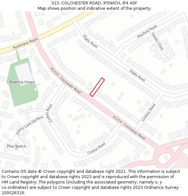 313, COLCHESTER ROAD, IPSWICH, IP4 4SF: Location map and indicative extent of plot