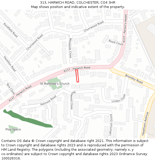 313, HARWICH ROAD, COLCHESTER, CO4 3HR: Location map and indicative extent of plot