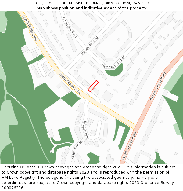 313, LEACH GREEN LANE, REDNAL, BIRMINGHAM, B45 8DR: Location map and indicative extent of plot