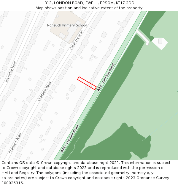 313, LONDON ROAD, EWELL, EPSOM, KT17 2DD: Location map and indicative extent of plot