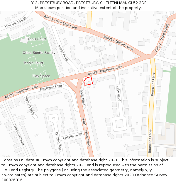 313, PRESTBURY ROAD, PRESTBURY, CHELTENHAM, GL52 3DF: Location map and indicative extent of plot