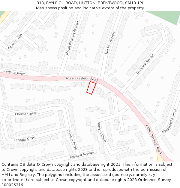 313, RAYLEIGH ROAD, HUTTON, BRENTWOOD, CM13 1PL: Location map and indicative extent of plot