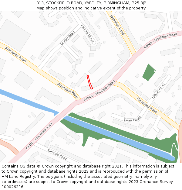 313, STOCKFIELD ROAD, YARDLEY, BIRMINGHAM, B25 8JP: Location map and indicative extent of plot