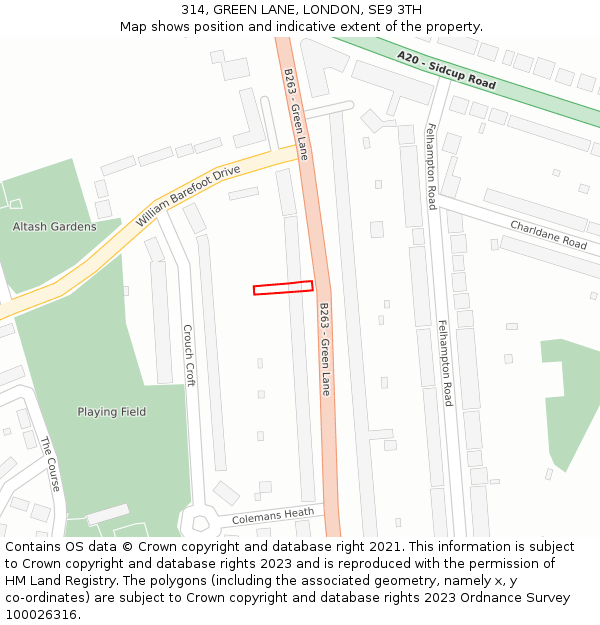 314, GREEN LANE, LONDON, SE9 3TH: Location map and indicative extent of plot