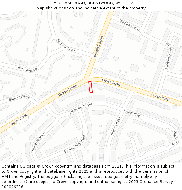315, CHASE ROAD, BURNTWOOD, WS7 0DZ: Location map and indicative extent of plot