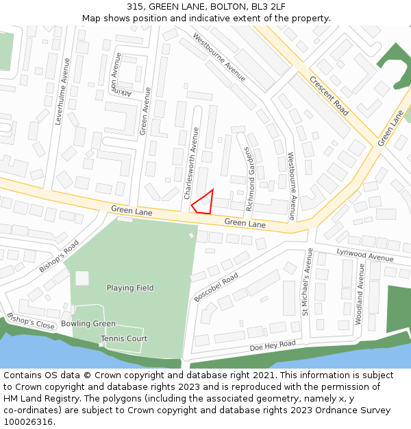 315, GREEN LANE, BOLTON, BL3 2LF: Location map and indicative extent of plot