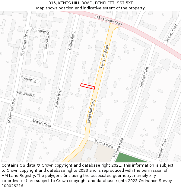315, KENTS HILL ROAD, BENFLEET, SS7 5XT: Location map and indicative extent of plot