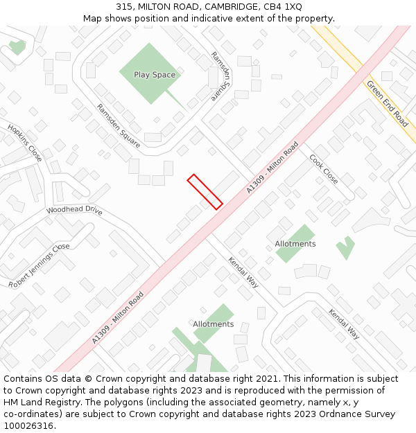 315, MILTON ROAD, CAMBRIDGE, CB4 1XQ: Location map and indicative extent of plot