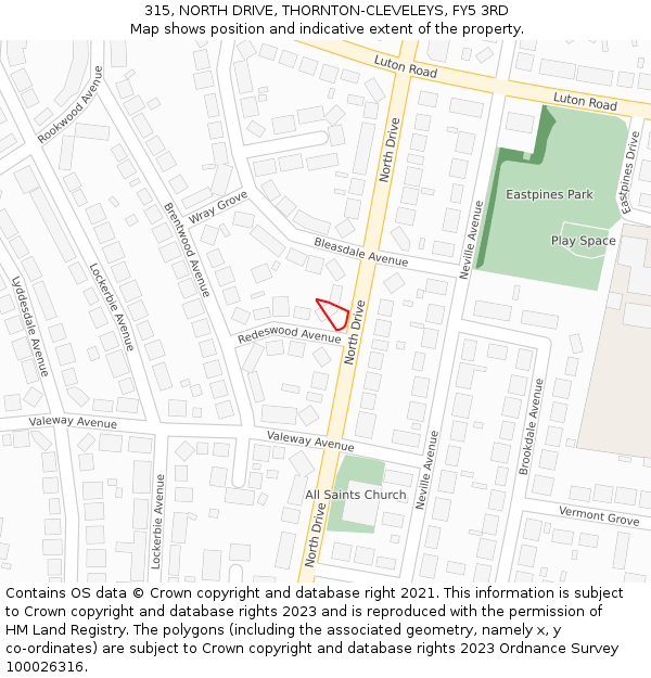 315, NORTH DRIVE, THORNTON-CLEVELEYS, FY5 3RD: Location map and indicative extent of plot