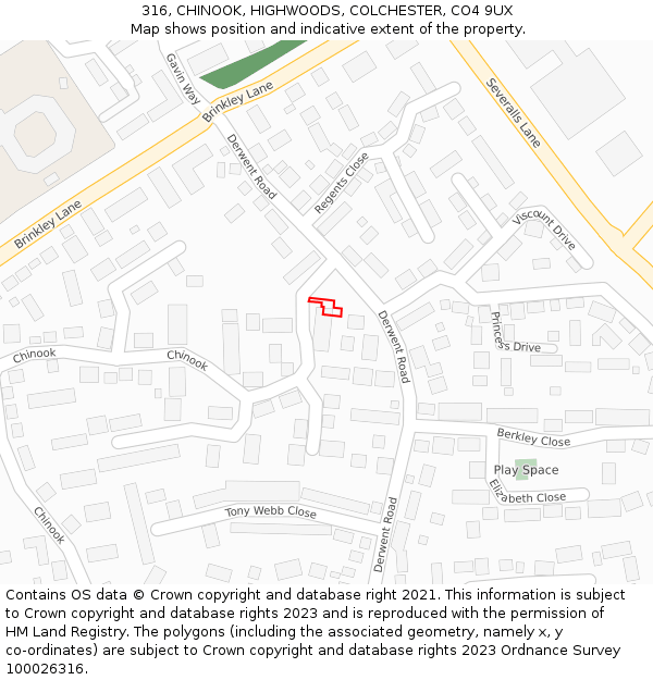 316, CHINOOK, HIGHWOODS, COLCHESTER, CO4 9UX: Location map and indicative extent of plot