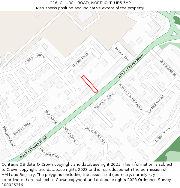 316, CHURCH ROAD, NORTHOLT, UB5 5AP: Location map and indicative extent of plot