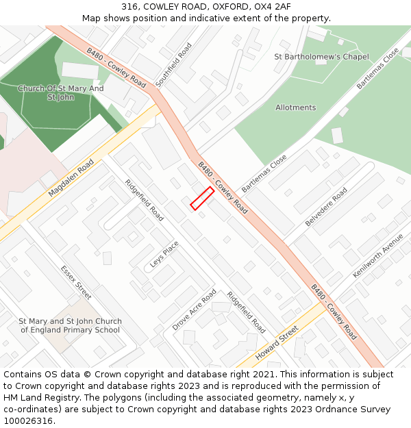 316, COWLEY ROAD, OXFORD, OX4 2AF: Location map and indicative extent of plot